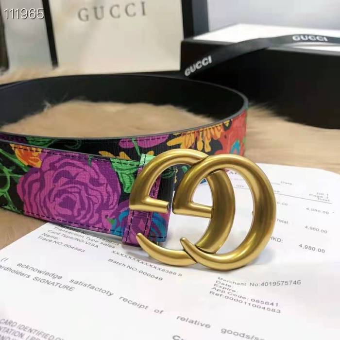Gucci Women Ken Scott Print GG Marmont Belt Double G Buckle 4 cm Width-Black