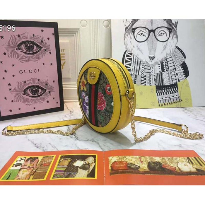 Gucci GG Women Ophidia GG Flora Mini Round Shoulder Bag in Beige/Ebony GG Supreme Canvas