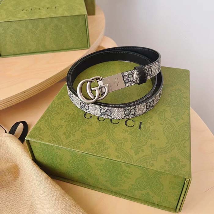 Gucci Unisex GG Marmont Reversible Thin Belt Beige Ebony GG Supreme Canvas Double G Buckle