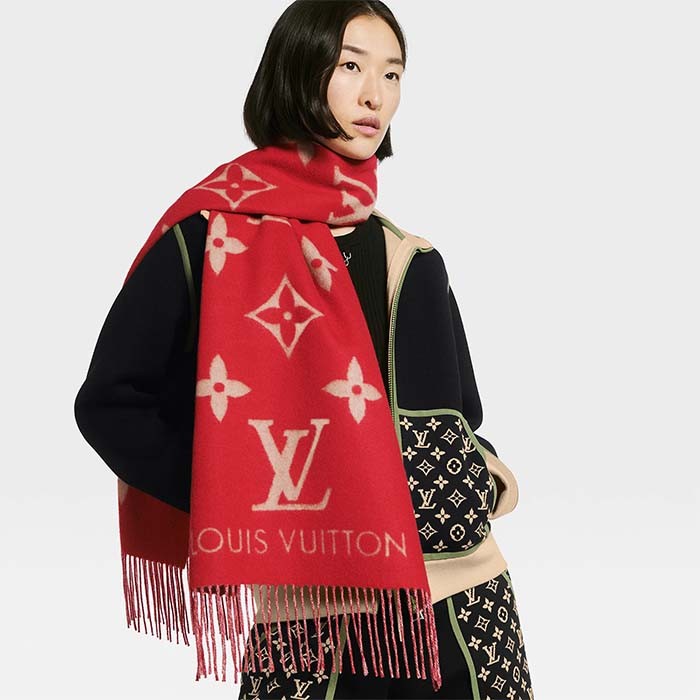 Louis Vuitton LV Unisex Reykjavik Scarf Red Cashmere Jacquard Weave Oversized Monogram Flowers