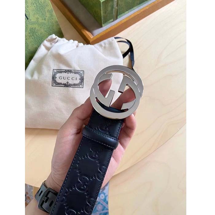 Gucci Unisex GG Signature Leather Belt Black Interlocking G Buckle 3.8 CM Width