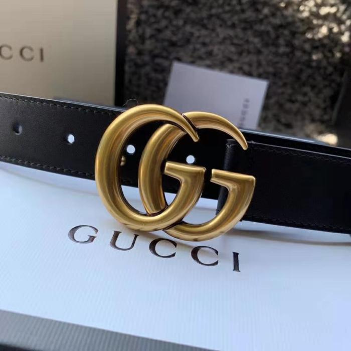 Gucci Unisex Leather Belt with Double G Buckle in 2.5cm Width-Black