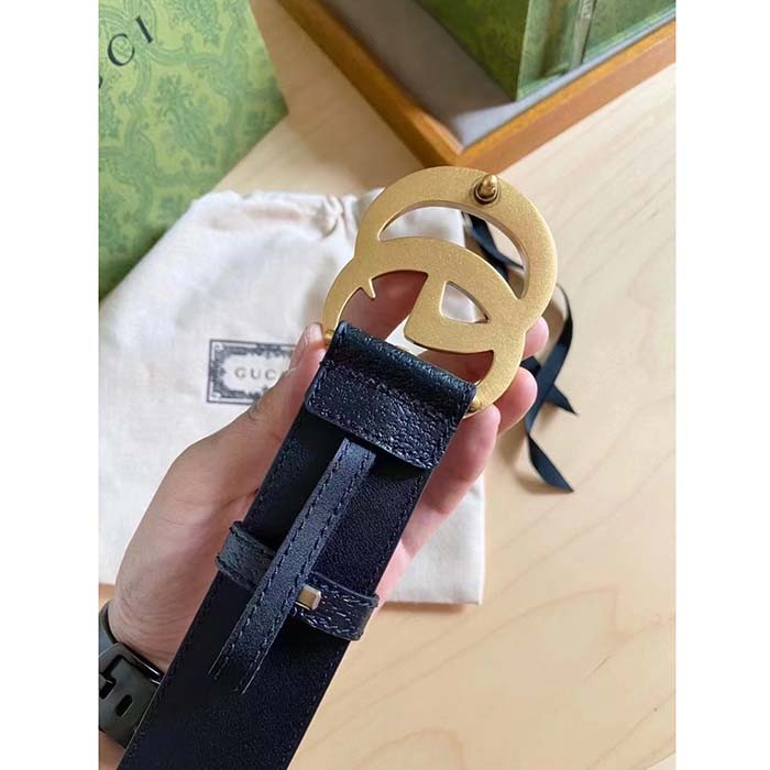 Gucci Unisex GG Wide Leather Belt Double G Buckle 3.8 CM Width Black Metal-Free Tanned