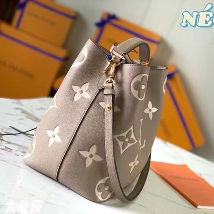 Louis Vuitton LV Women NéoNoé MM Bucket Bag Tourterelle Gray Cream Embossed Grained Cowhide Leather