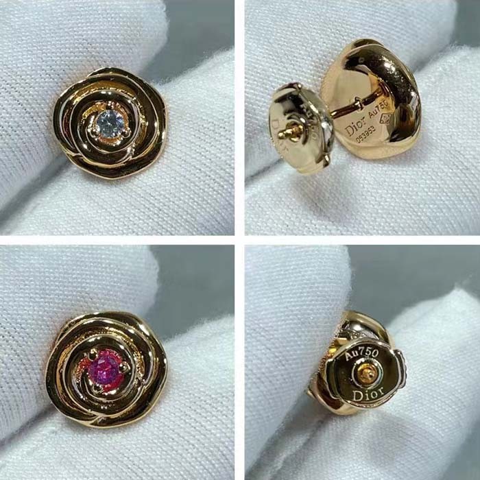 Dior Women CD Large Rose Dior Couture Earrings Pink Gold Diamonds 0.14 ct