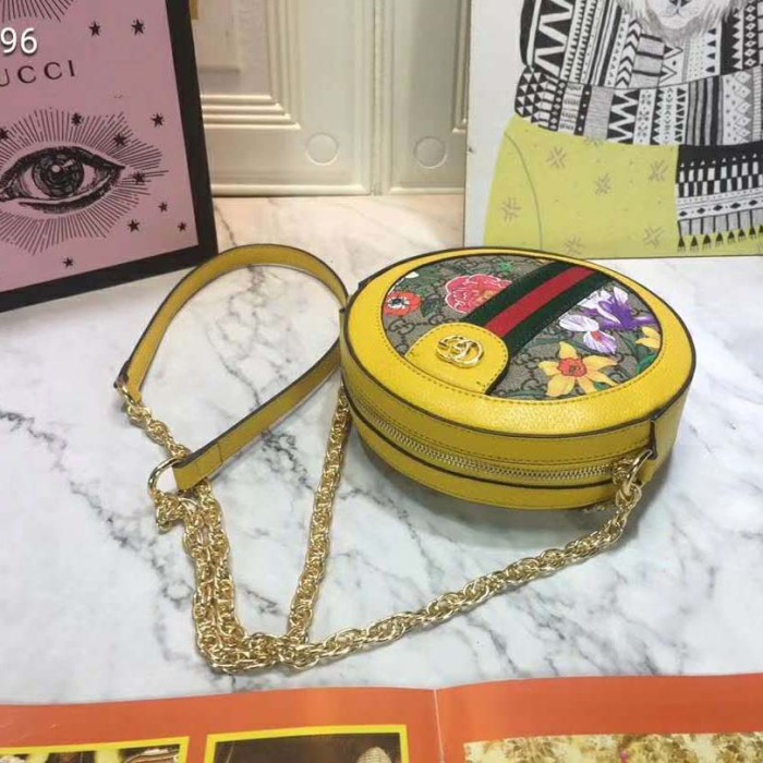 Gucci GG Women Ophidia GG Flora Mini Round Shoulder Bag in Beige/Ebony GG Supreme Canvas