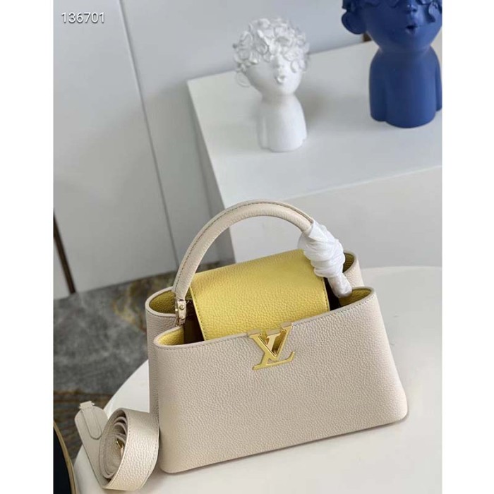 Louis Vuitton LV Women Capucines MM Handbag Yellow Beige Taurillon Leather Canvas