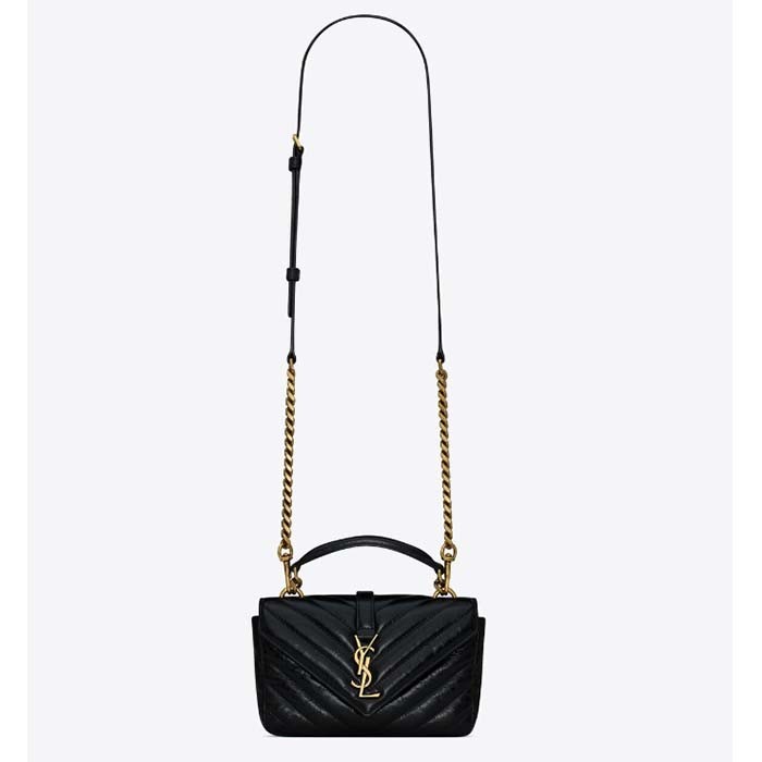 Saint Laurent YSL Women College Mini Chain Bag Black Shiny Crackled Leather