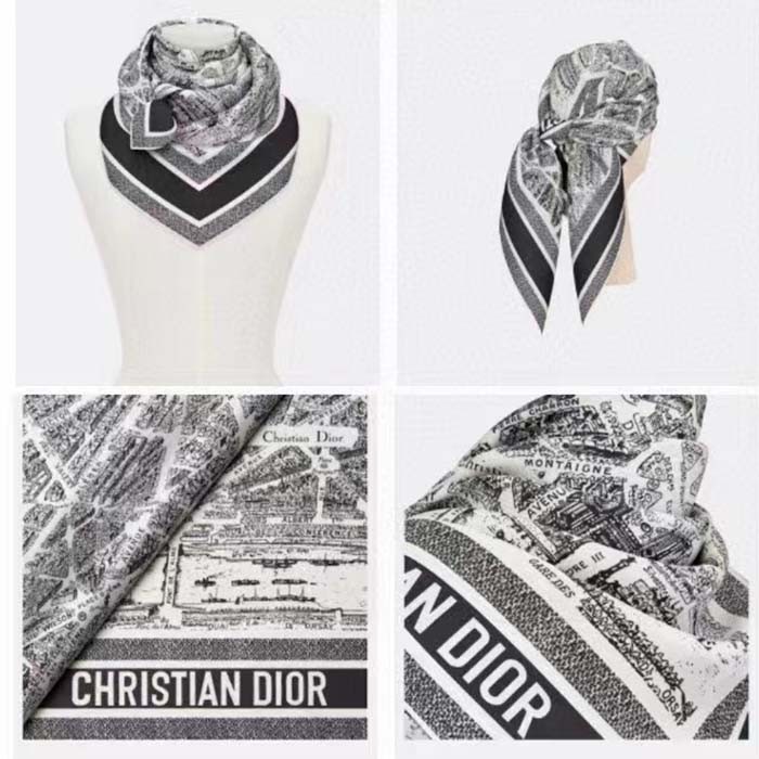 Dior Women CD Plan De Paris 90 Square Scarf White Black Silk Twill