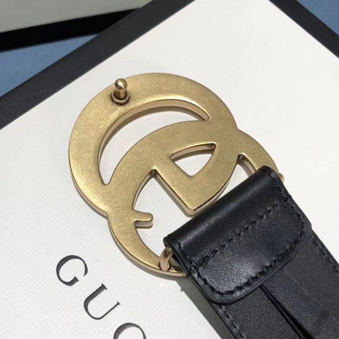 Gucci Unisex GG 2015 Re-Edition Wide Leather Belt Black Smooth Leather 3.8 CM Belt Width