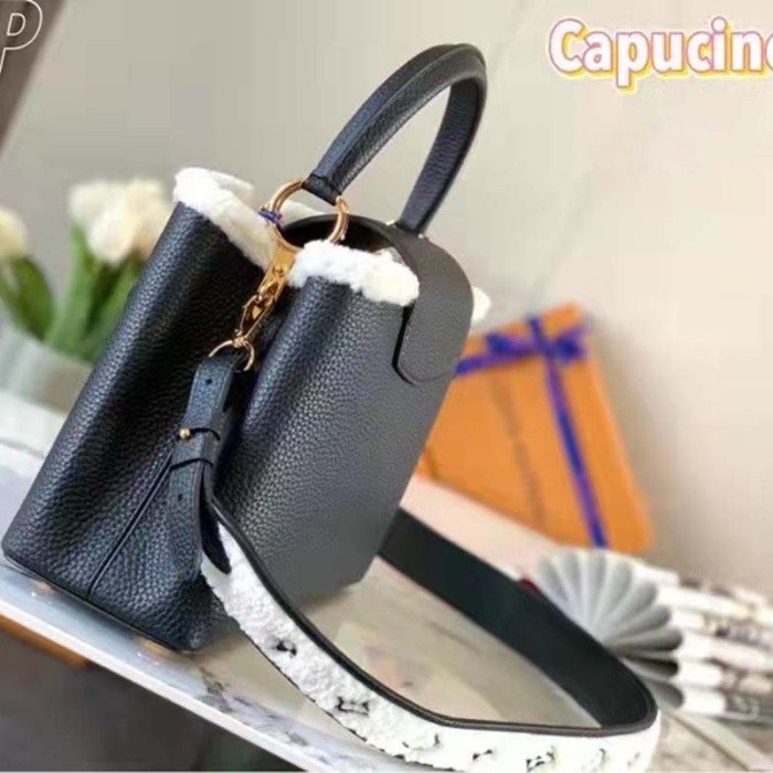 Louis Vuitton LV Women Capucines MM Bag Black Taurillon Leather Shearling Cowhide