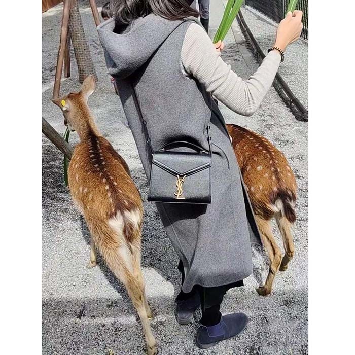 Saint Laurent YSL Women Cassandra Mini Top Handle Bag Grained Black Leather