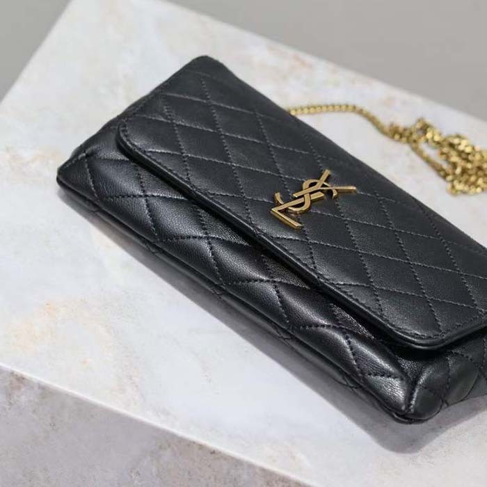 Saint Laurent YSL Women Black Gaby Chain Phone Holder Quilted Lambskin Metal