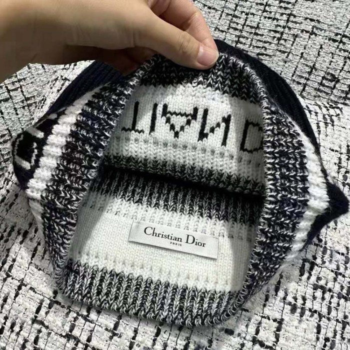 Dior Women D-White Beanie Black and Ivory Virgin Wool and Cashmere