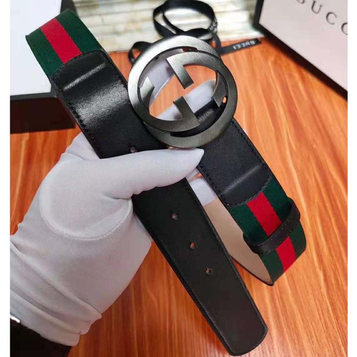 Gucci Unisex GG Web Belt with G Buckle in Green and Red Web
