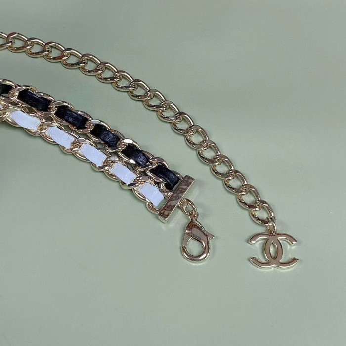 Chanel Women CC Belt Gold Tone Metal Black White Calfskin Lambskin Leather