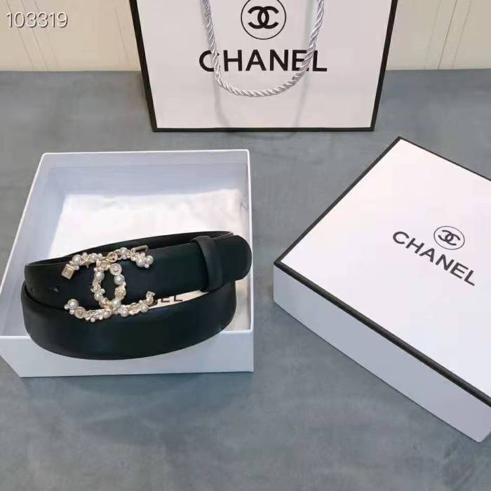 Chanel Women Calfskin Gold-Tone Metal Glass Pearls Strass & Resin Belt-Black