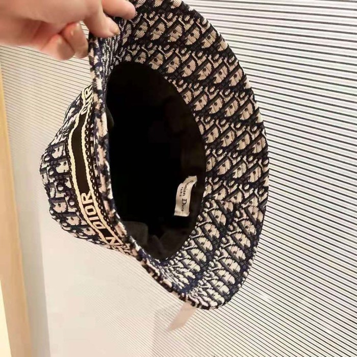 Dior Women D-Oblique Small Brim Bucket Hat Navy Blue Cotton