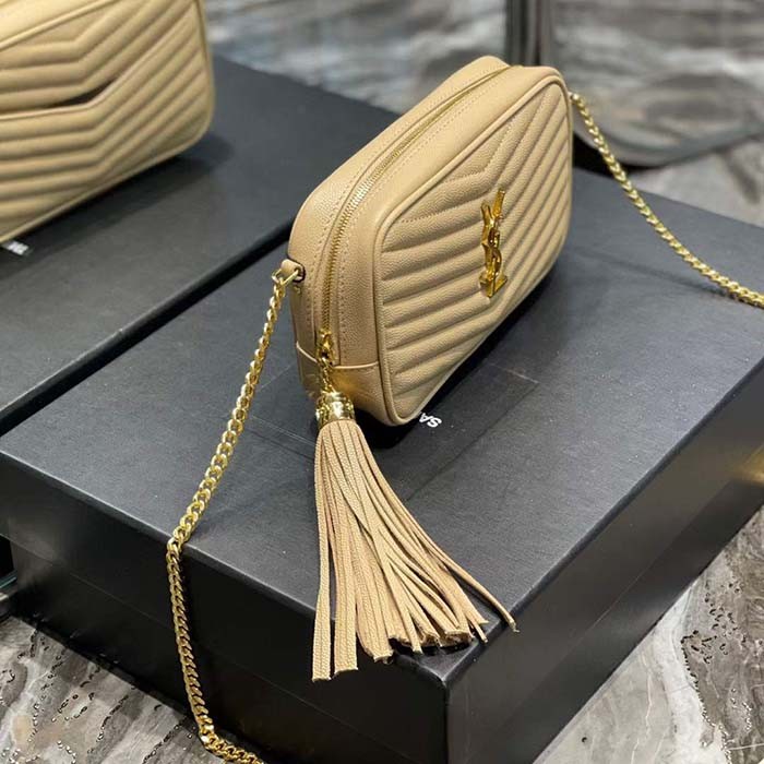 Saint Laurent YSL Women Mini Lou Quilted Leather Beige Gold Zip Closure