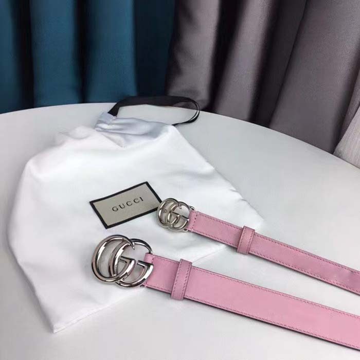 Gucci Unisex GG Marmont Thin Belt Light Pink Leather Double G Buckle 2 CM Width