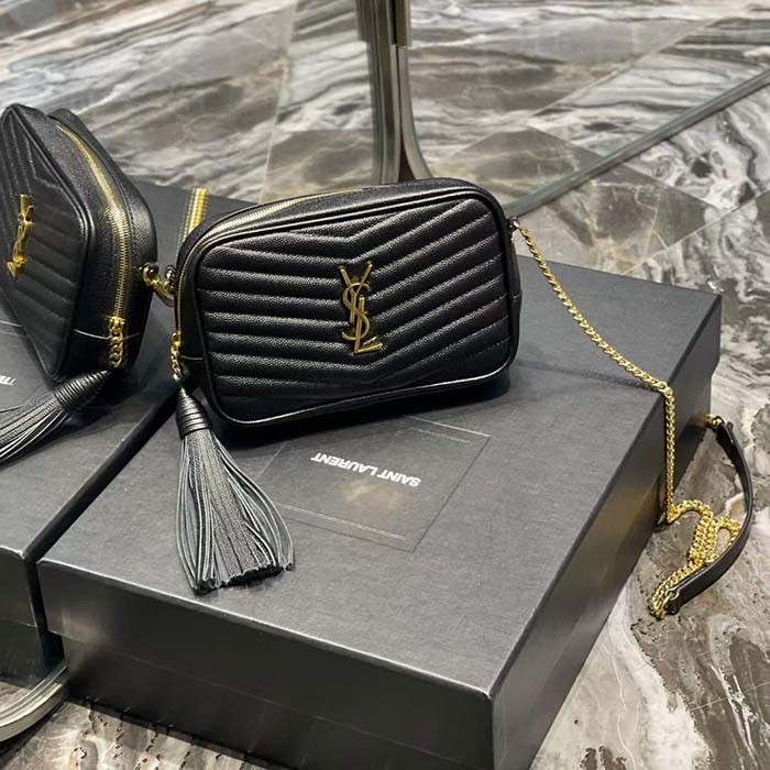 Saint Laurent YSL Women Mini Lou Quilted Leather Black Gold Zip Closure