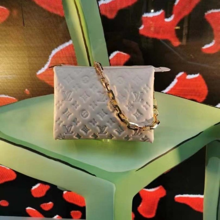 Louis Vuitton LV Women Coussin PM Handbag Cream Monogram-Embossed Puffy Lambskin Calfskin