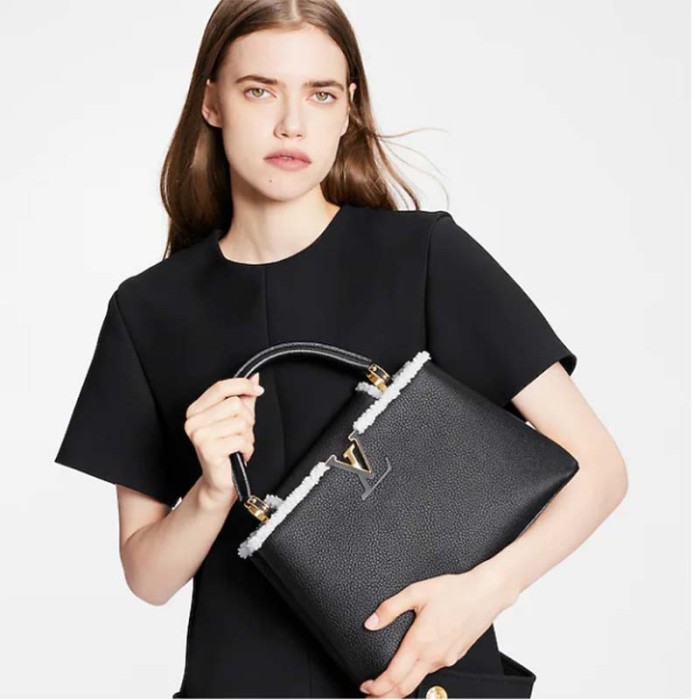 Louis Vuitton LV Women Capucines MM Bag Black Taurillon Leather Shearling Cowhide