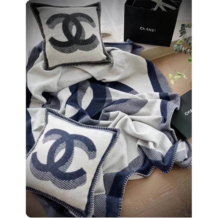 Chanel Unisex CC Cushion Cotton Wool Tweed Beige Navy Multifunction