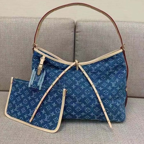 Louis Vuitton LV Women CarryAll MM Denim Blue GOTS Certified Cotton Monogram Denim Canvas