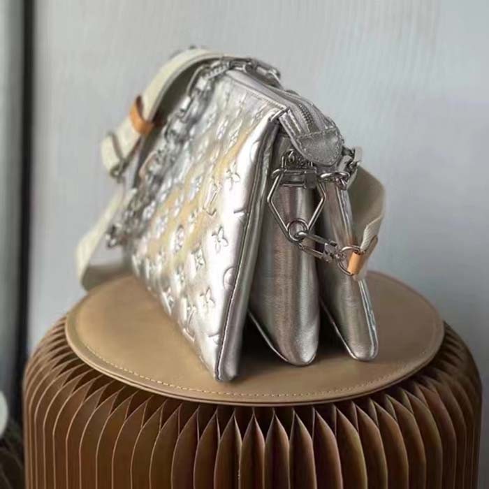 Louis Vuitton LV Women Coussin PM Handbag Silver Lambskin Cowhide Lining
