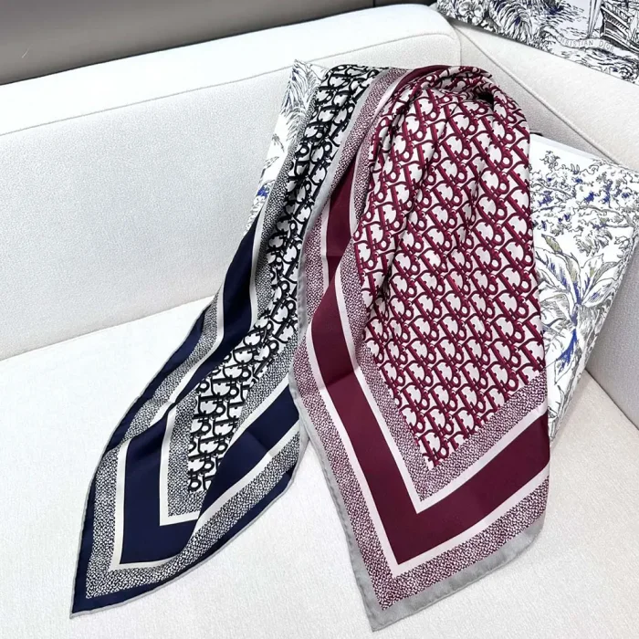 Dior Unisex Dior Oblique Diortwin 90 Square Scarf Burgundy and Navy Blue Silk Twill