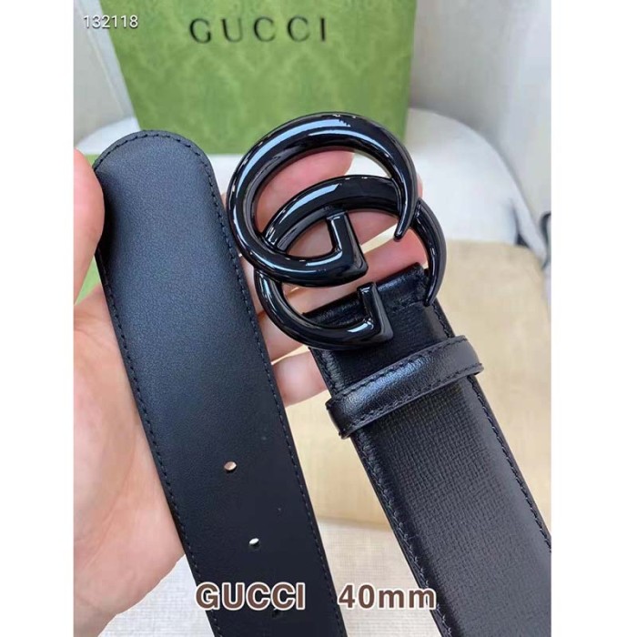 Gucci Unisex GG Marmont Wide Belt Black Leather Double G Buckle 4 cm Width