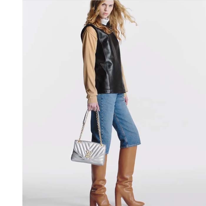 Louis Vuitton LV Women New Wave Chain Bag MM Metallic Gray Quilted Cowhide Leather