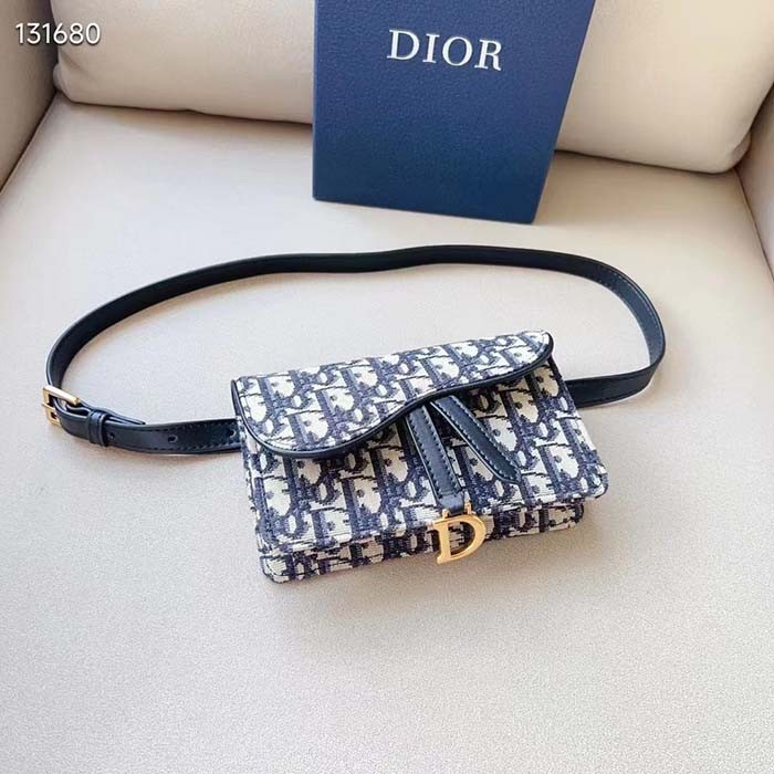 Dior Unisex CD Saddle Belt Pouch Blue Oblique Jacquard Front 'D' Stirrup