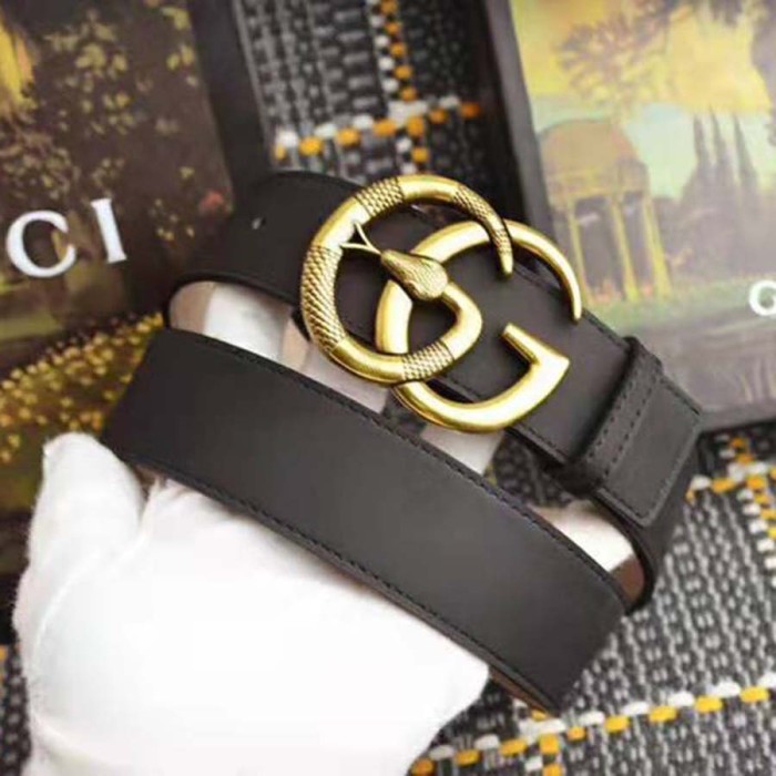 Gucci Unisex Leather Belt with Double G Buckle with Snake in Black Leather