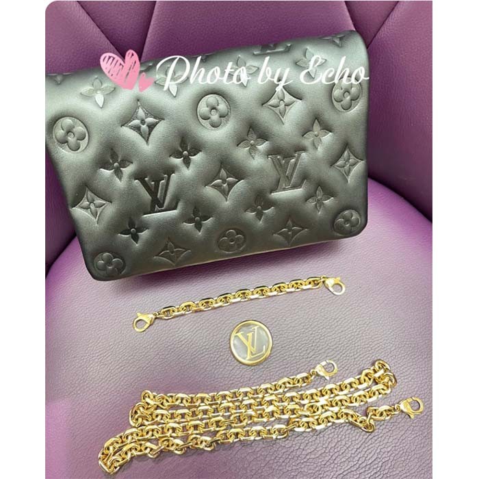 Louis Vuitton LV Women Pochette Coussin Green Monogram-Embossed Puffy Lambskin Cowhide-Leather M82474