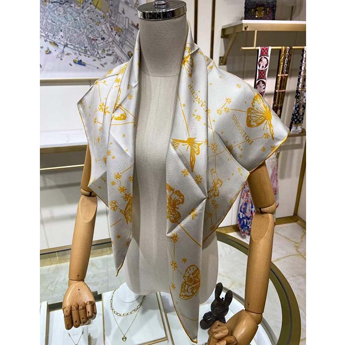 Dior Women CD Butterfly Zodiac 70 Square Scarf Ivory Gold-Tone Silk Twill