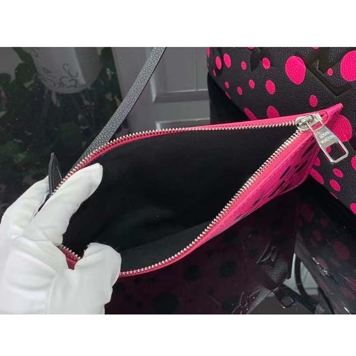 Louis Vuitton Women LV x YK Neverfull MM Black Fuchsia Embossed Grained Monogram Empreinte Cowhide