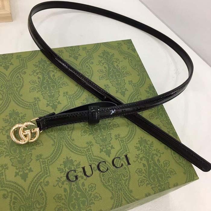 Gucci Unisex GG Thin Patent Double G Belt Black Leather 1.3 CM Width