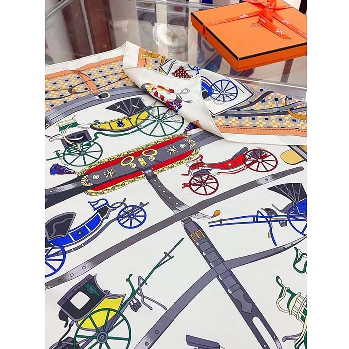 Hermes Women Les Voitures Nouvelles Scarf 70 Silk Brown Multicolore