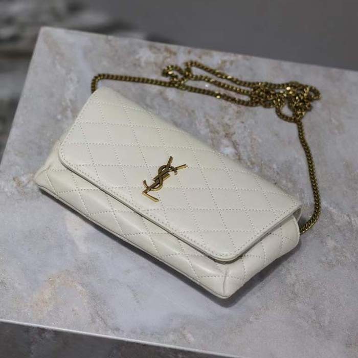Saint Laurent YSL Women White Gaby Chain Phone Holder Quilted Lambskin Metal