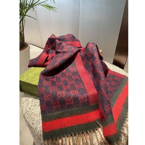 Gucci Unisex GG Jacquard Cotton Stole Red Blue Fringe