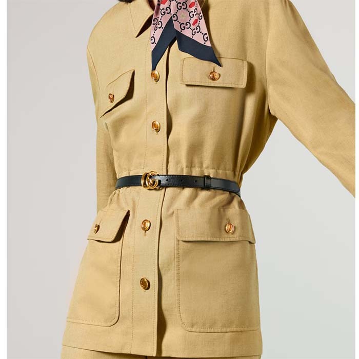 Gucci Unisex GG Marmont Thin Leather Belt Shiny Double G Buckle Black Leather 2 CM Width