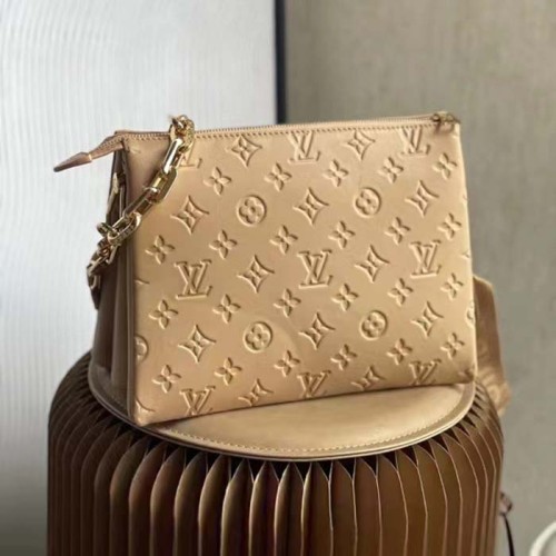 Louis Vuitton LV Women Coussin PM Handbag Camel Monogram Embossed Puffy Lambskin Calfskin Leather