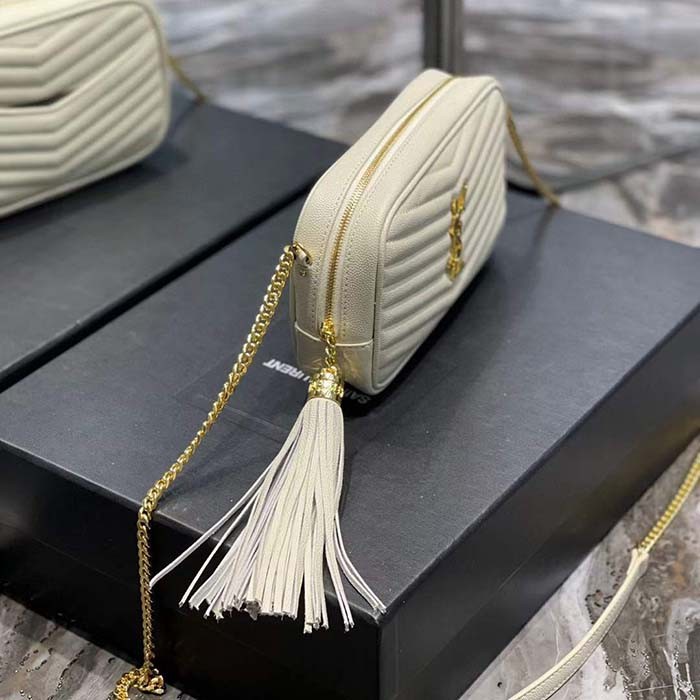 Saint Laurent YSL Women Mini Lou Quilted Leather White Gold Zip Closure