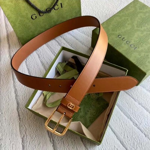 Gucci Unisex GG Belt with Square Buckle and Interlocking G Brown 3.6 cm Width
