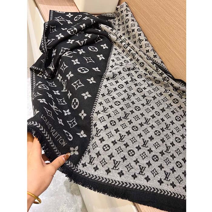 Louis Vuitton LV Unisex Simply LV Scarf Black Fringed Finish Contrasting Monogram Motif