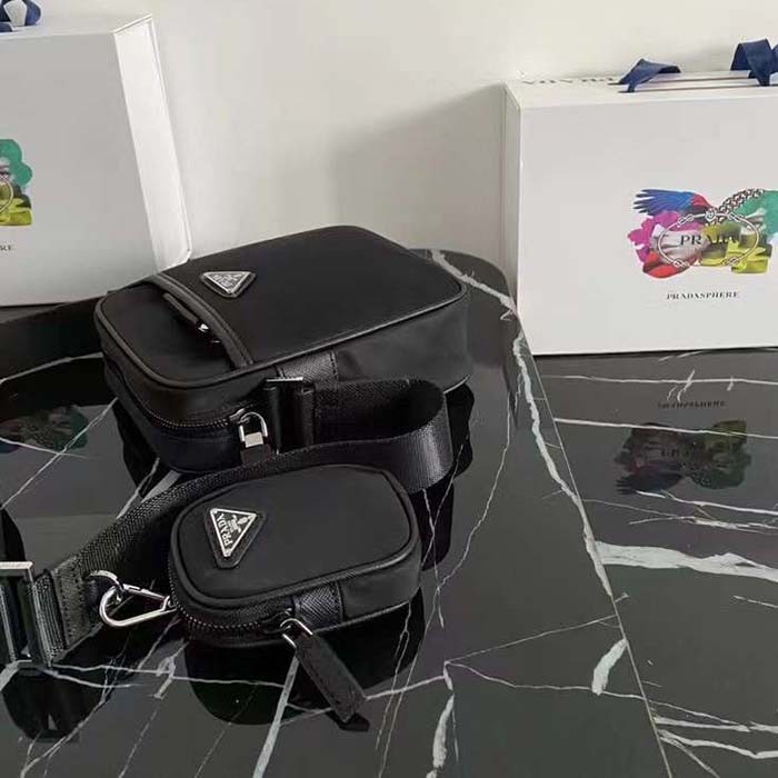 Prada Unisex Re-Nylon Saffiano Shoulder Bag Black Zipper Closure Fabric Leather