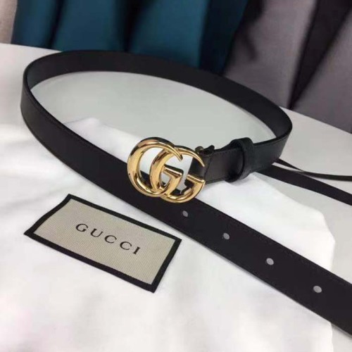 Gucci Unisex GG Marmont Thin Leather Belt Shiny Double G Buckle Black Leather 2 CM Width