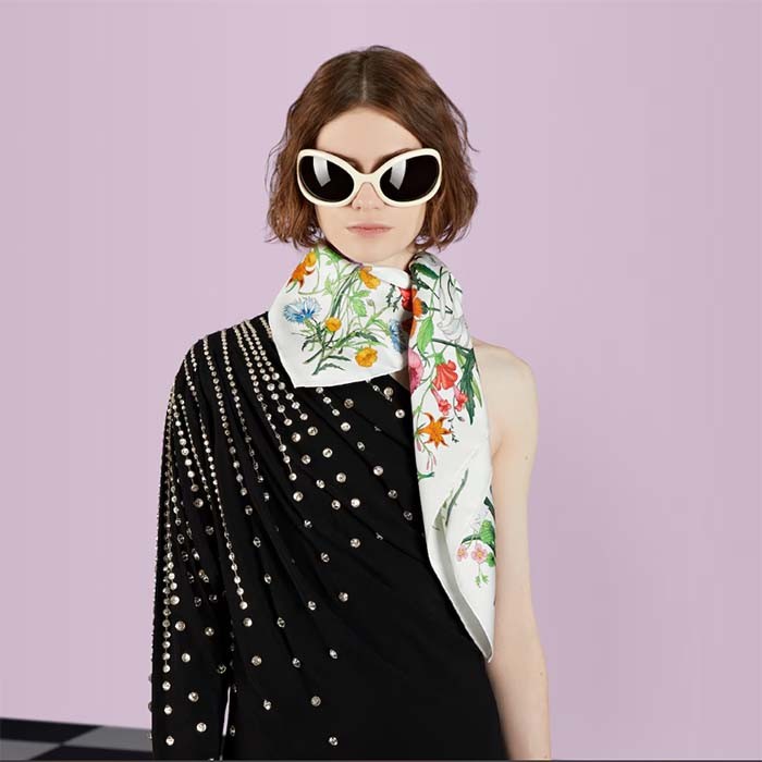 Gucci Women GG Flora Print Silk Carré Multicolor White Twill